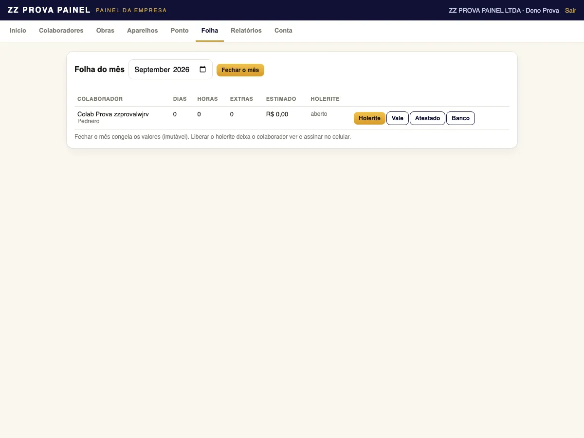 Folha do mês com holerite, vale e banco de horas